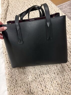 Classic Black Leather Tote with Burgundy Interior